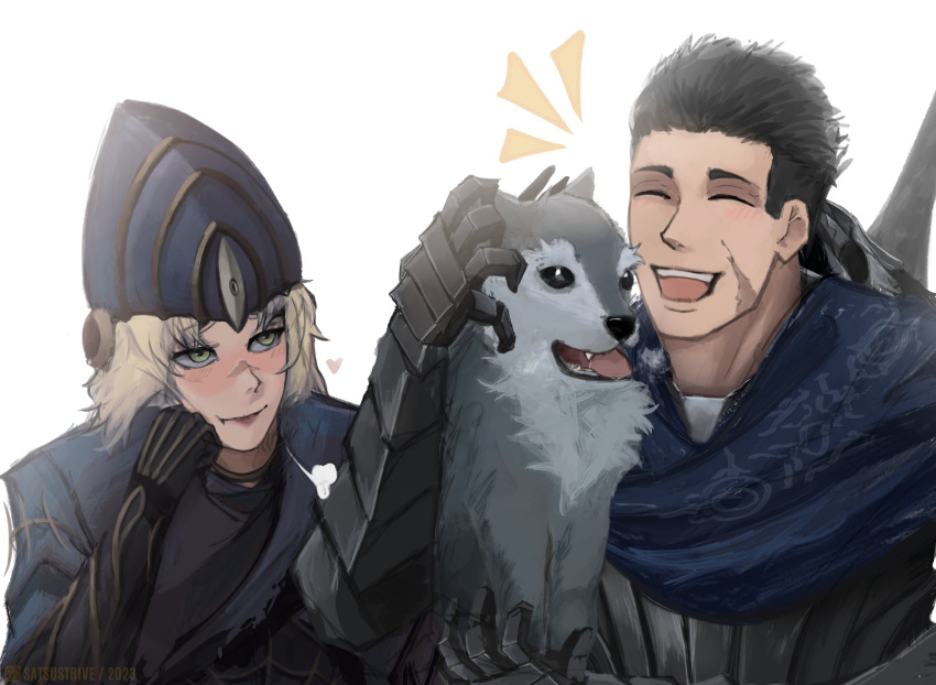 1boy 1girl :d absurdres animal armor artist_name artorias_the_abysswalker black_hair blonde_hair blush clenched_hand closed_eyes dark_souls_(series) dark_souls_i fang gauntlets great_grey_wolf_sif hand_up happy helmet highres lord's_blade_ciaran no_headwear notice_lines satsu-strive short_hair smile teeth tongue upper_teeth_only wolf yellow_eyes