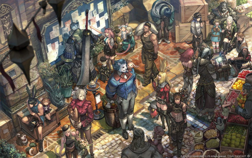 6+boys 6+girls animal_ears artist_name artist_request au_ra bag basket black_tank_top blue_jacket bread bulletin_board buttons carrying_over_shoulder cat_ears cat_tail city company_name copyright copyright_name crate creature creature_on_shoulder crowd day dog double-breasted dragon_horns dragon_tail elezen elf final_fantasy final_fantasy_xiv food from_above fruit_stand grate greatsword grocery_bag highres holding holding_bag horns hrothgar hyur jacket lalafell market market_stall miqo'te multiple_boys multiple_girls namazu official_art on_one_knee on_shoulder outdoors plant pointing pointy_ears porxie_(ff14) potted_plant rabbit_ears roegadyn sack scenery sewer_grate shopping_bag sitting standing sword tail tank_top tile_floor tiles viera walking warrior_of_light_(ff14) weapon weapon_on_back