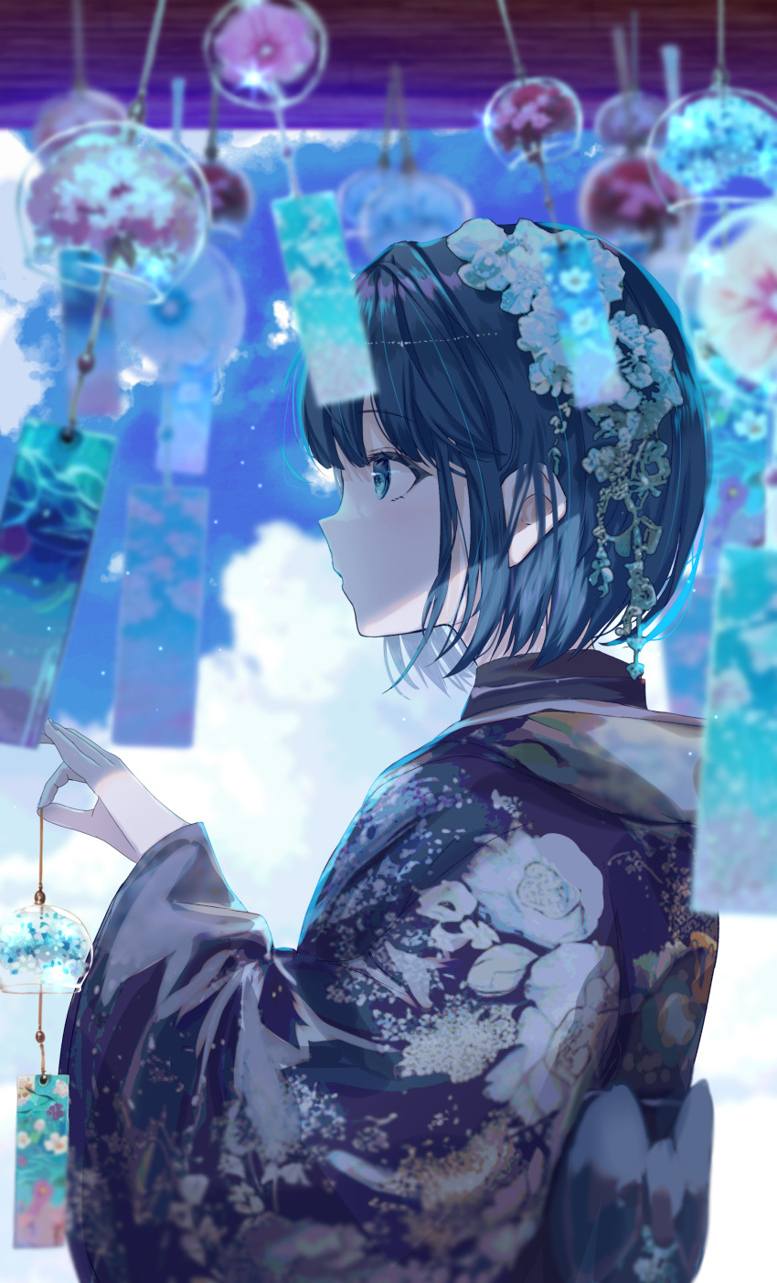 1girl absurdres black_kimono blue_eyes blue_hair blue_sky blurry blush commentary depth_of_field expressionless floral_print_kimono from_side highres holding_wind_chime japanese_clothes kimono kiritani_haruka looking_to_the_side neu_33 obi project_sekai sash short_hair sidelocks sky solo too_many white_clouds wind_chime