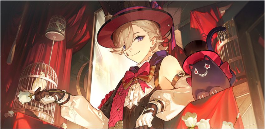 1boy bad_source birdcage black_gloves black_headwear blonde_hair bow cage closed_mouth facial_mark flower genshin_impact gloves hat holding holding_flower long_sleeves looking_at_viewer lyney_(genshin_impact) male_focus official_art short_hair smile solo teardrop_facial_mark top_hat upper_body violet_eyes