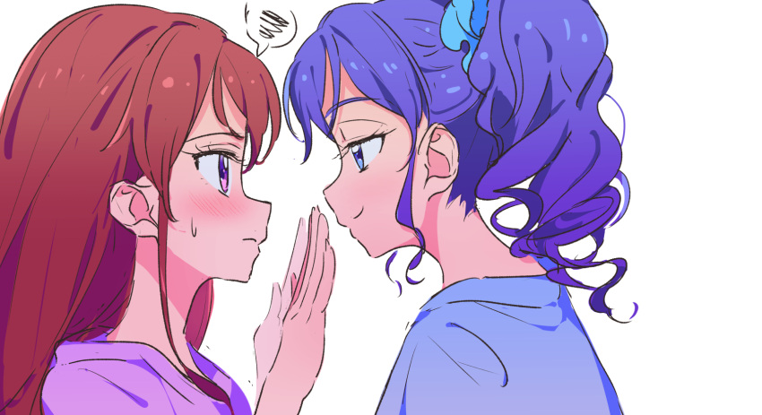 2girls aikatsu! aikatsu!_(series) blue_eyes blue_hair blue_scrunchie blue_shirt blush closed_mouth commentary_request eye_contact face-to-face from_side hair_ornament hair_scrunchie half-closed_eyes hands_up highres kiriya_aoi long_hair looking_at_another multiple_girls ponytail profile purple_shirt redhead scrunchie shibuki_ran shirt side_ponytail simple_background smile sweatdrop upper_body white_background yamamura_saki
