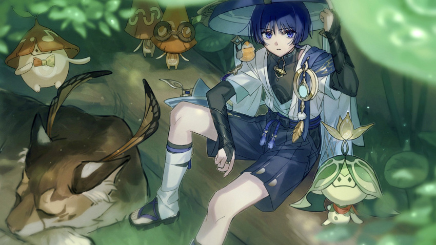 1boy 5others animal animal_ear_fluff animal_ears animal_nose arama_(genshin_impact) aranara_(genshin_impact) belt black_belt black_bow black_footwear black_gloves black_shirt black_shorts black_socks blue_cape blue_eyes blue_gemstone blue_hair blue_headwear blunt_ends blurry bow brown_fur butterfly_wings cape closed_eyes closed_mouth colored_skin creature elbow_gloves eyeshadow fingerless_gloves fingernails flying gem genshin_impact gloves gold_trim grass green_skin hair_between_eyes hand_up hat head_wings highres jewelry jingasa leaf leg_warmers looking_at_viewer looking_to_the_side lying makeup mandarin_collar multicolored_bow multicolored_fur multiple_others nacl5844277 open_clothes open_mouth open_vest orange_bow outdoors pom_pom_(clothes) purple_belt red_eyeshadow ring sandals scaramouche_(genshin_impact) shirt short_hair short_sleeves shorts sitting sleeping sleeveless sleeveless_shirt smile socks tassel toenails vest vision_(genshin_impact) wanderer_(genshin_impact) white_fur white_vest wings yellow_bow yellow_fur yellow_skin