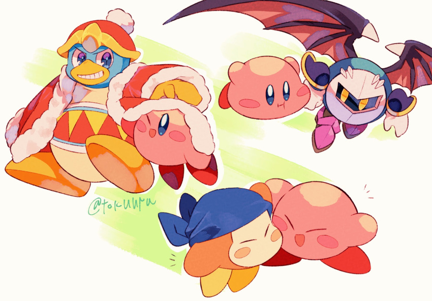 1other 3boys ;d armor armored_boots arms_up artist_name bandana bandana_waddle_dee blue_bandana blue_eyes blush blush_stickers boots cape closed_eyes coat commentary_request fur-trimmed_coat fur-trimmed_sleeves fur_trim gloves green_background grin hammer hat highres holding holding_hammer king_dedede kirby kirby_(series) long_sleeves looking_at_viewer mask meta_knight no_humans one_eye_closed open_clothes open_coat open_mouth purple_cape purple_footwear red_coat red_headwear shoulder_armor simple_background smile star_(symbol) teeth tokuura white_background white_gloves yellow_eyes yellow_gloves