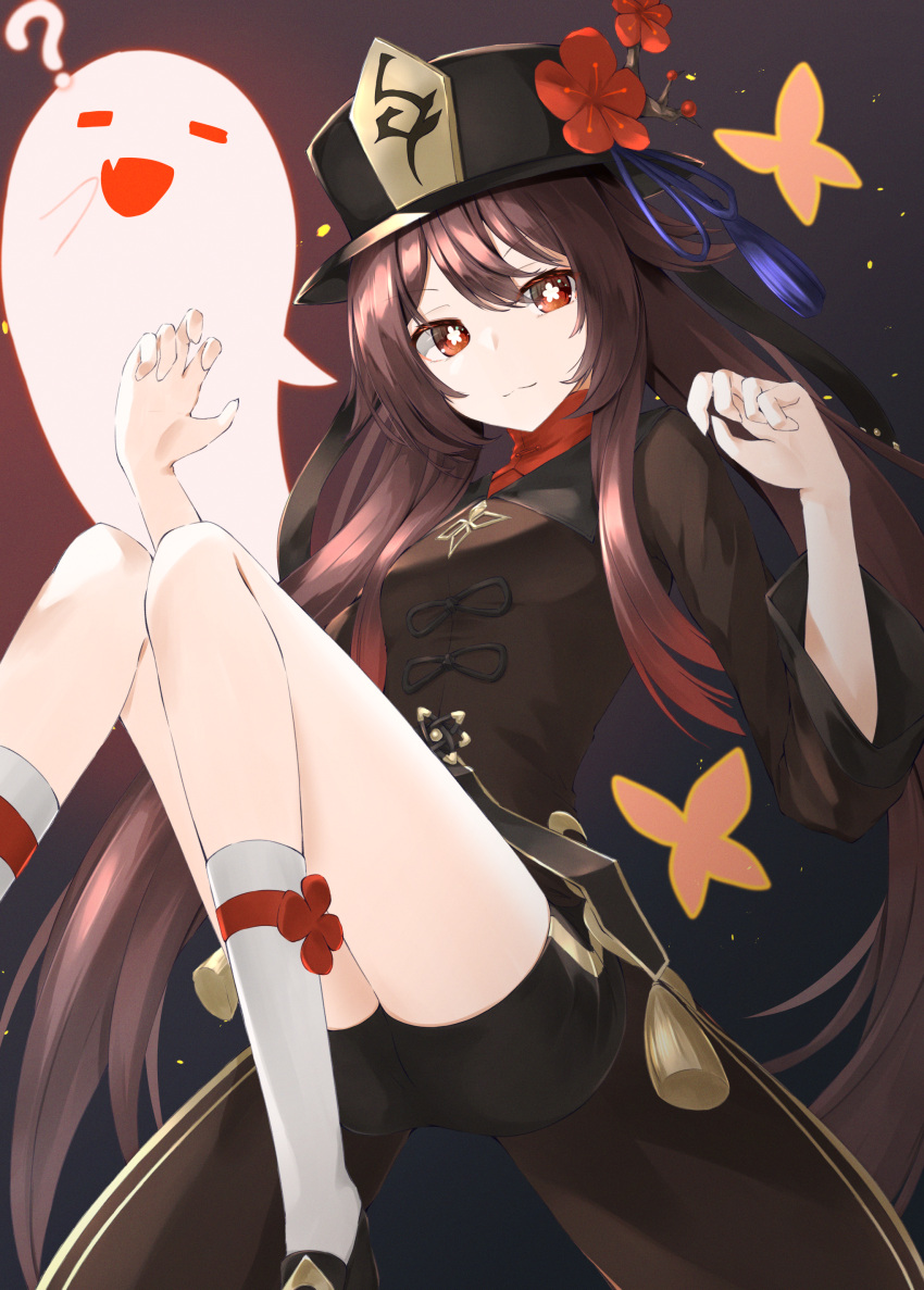 1girl :3 absurdres boo_tao_(genshin_impact) brown_eyes brown_hair chinese_clothes flower flower-shaped_pupils genshin_impact ghost gradient_hair hands_up hat hat_flower high_collar highres hu_tao_(genshin_impact) knees_up long_hair long_sleeves looking_to_the_side multicolored_hair plum_blossoms porkpie_hat shorts smile socks solo symbol-shaped_pupils tassel very_long_hair yuki-san_(wdtm_yuki)
