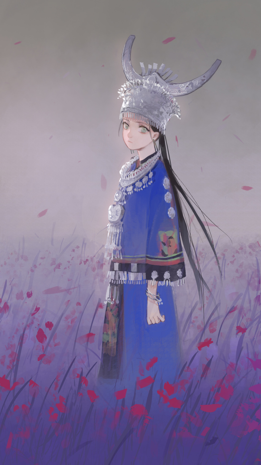 1girl absurdres ahe28731 black_hair blue_shirt blue_skirt bracelet chen_duo fake_horns field flower flower_field fringe_trim from_side green_eyes grey_sky hat headgear highres horned_headwear horns jewelry long_hair looking_at_viewer looking_to_the_side miao_clothes miao_hat nature necklace petals shirt skirt skirt_set sky solo standing very_long_hair wind yiren_zhixia