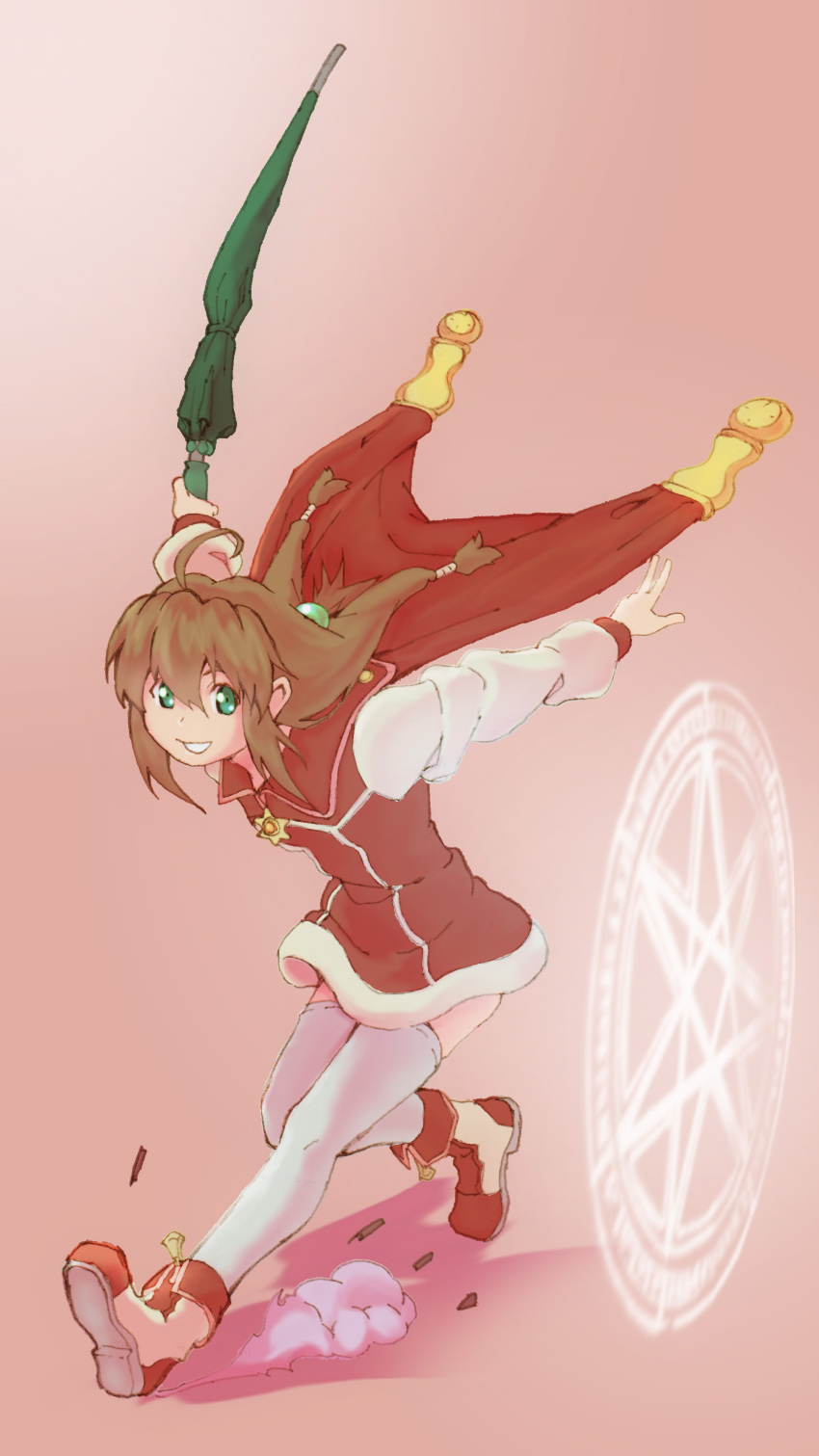 1girl absurdres ahoge brown_hair cape coat dress full_body green_eyes hair_ornament highres kaien_advance lilka_eleniak long_hair looking_at_viewer low-tied_long_hair magic_circle sidelocks simple_background skirt smile solo thigh-highs twintails umbrella white_thighhighs wild_arms wild_arms_2