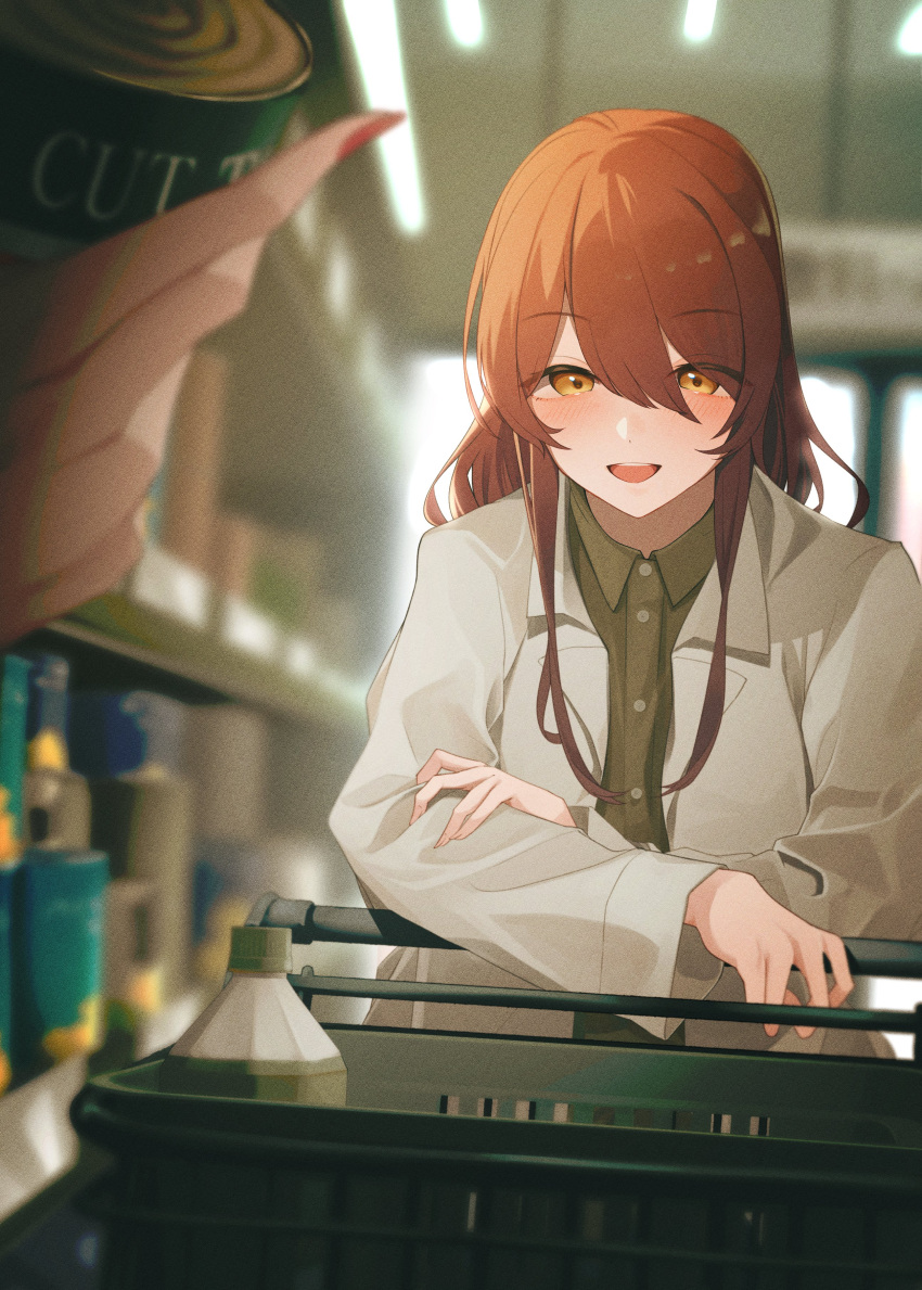 1girl absurdres aisle blurry blush bottle brown_hair buttons can collared_shirt crossed_arms dress_shirt green_shirt grey_jacket highres holding holding_can idolmaster idolmaster_shiny_colors jacket leaning_on_object lights long_hair odecono3 open_mouth osaki_tenka perspective red_nails shirt shop shopping shopping_cart smile solo_focus swept_bangs teeth upper_body upper_teeth_only window yellow_eyes
