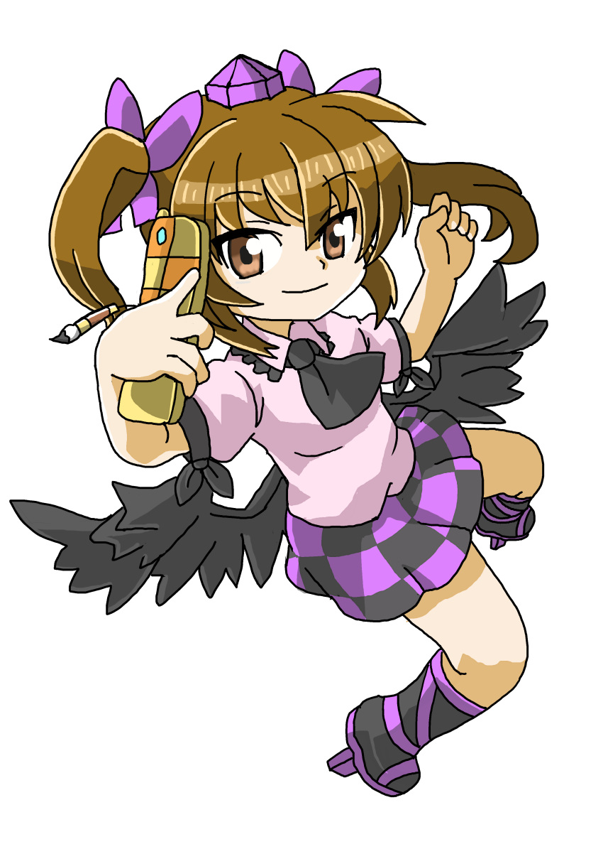 1girl absurdres ascot black_ascot black_skirt black_wings bow brown_eyes brown_hair camera_phone cellphone checkered_clothes checkered_skirt closed_mouth collared_shirt feathered_wings flip_phone frilled_shirt_collar frills full_body geta hair_bow happy hat highres himekaidou_hatate kneehighs kukkii_(udondaisuki92) long_hair miniskirt necktie phone puffy_short_sleeves puffy_sleeves purple_bow purple_footwear purple_headwear purple_skirt shirt short_sleeves simple_background skirt smile socks solo tengu-geta tokin_hat touhou twintails white_background wings