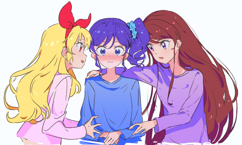 3girls aikatsu! aikatsu!_(series) alternate_costume blonde_hair blue_eyes blue_hair blue_scrunchie blue_shirt blush bow closed_mouth commentary_request embarrassed hair_bow hair_ornament hair_scrunchie hairband hand_on_another's_arm hand_on_another's_shoulder hoshimiya_ichigo kiriya_aoi long_hair long_sleeves looking_at_another looking_at_viewer multiple_girls nose_blush open_mouth own_hands_together pink_shirt purple_shirt red_bow red_eyes red_hairband redhead scrunchie shibuki_ran shirt side_ponytail simple_background smile upper_body violet_eyes white_background wide-eyed yamamura_saki