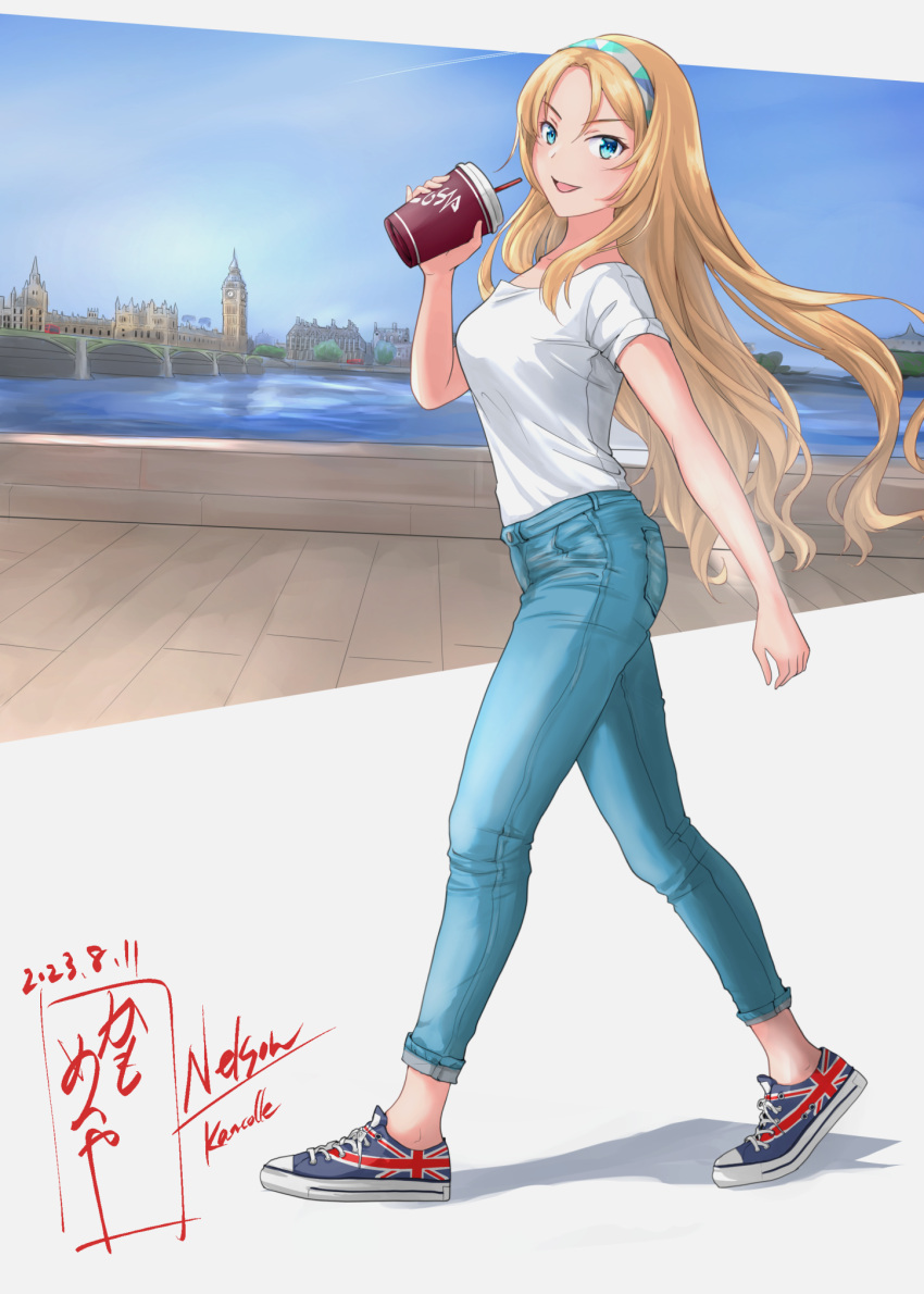 1girl alternate_costume blonde_hair blue_eyes breasts cup denim disposable_cup drinking_straw hairband highres holding holding_cup jeans kamo_mayor kantai_collection london long_hair medium_breasts nelson_(kancolle) pants print_footwear shirt shoes short_sleeves sneakers solo t-shirt union_jack_print very_long_hair walking white_shirt
