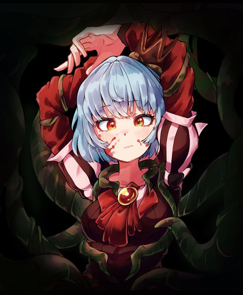 1girl absurdres angela_(project_moon) arms_up ascot blood blood_on_face blue_hair brooch closed_mouth crown cymlim dress e.g.o_(project_moon) highres jewelry library_of_ruina looking_at_viewer plant project_moon red_ascot red_dress short_hair solo vines yellow_eyes