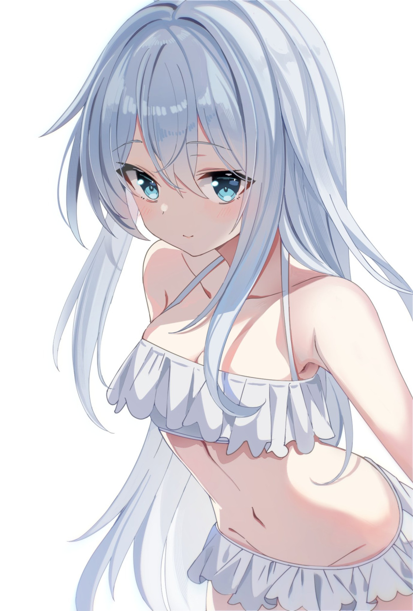 1girl alternate_costume bare_shoulders bikini blue_eyes breasts closed_mouth commentary fathom frilled_bikini frills groin hair_between_eyes halterneck hibiki_(kancolle) highres kantai_collection light_smile long_hair looking_at_viewer navel sideways_glance simple_background small_breasts solo swimsuit upper_body white_background white_bikini white_hair