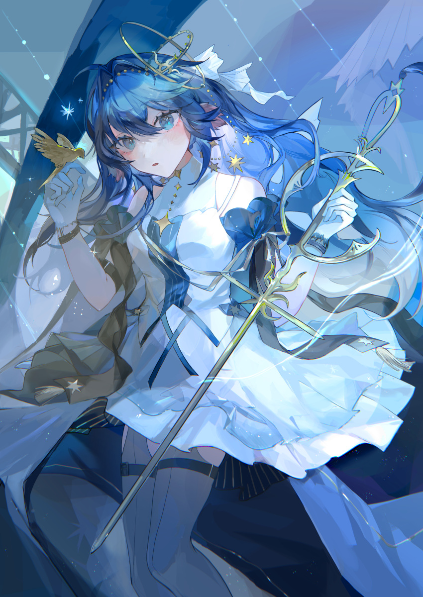1girl :o absurdres animal_ears animal_on_finger arknights astesia_(arknights) astesia_(frlibe_on_the_palace)_(arknights) bare_shoulders belt bird bird_ears blue_eyes blue_hair blush dress glance_neon hair_ornament highres holding holding_sword holding_weapon long_hair parted_lips solo star_(symbol) sword thigh_belt thigh_strap weapon white_dress