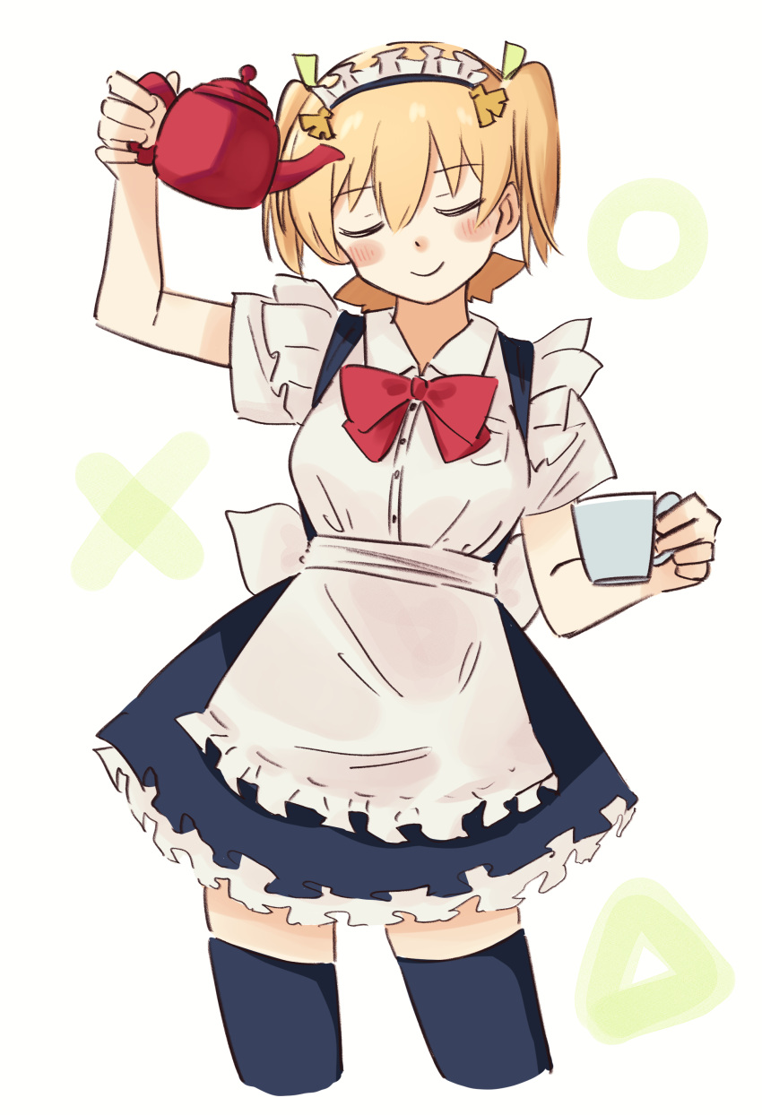 1girl absurdres alternate_costume apron arm_up banana_hair_ornament black_dress black_thighhighs blonde_hair blush bow bowtie breast_pocket breasts buttons closed_eyes closed_mouth collared_shirt cowboy_shot cropped_legs cup daiba_nana dress enmaided food-themed_hair_ornament frilled_apron frilled_dress frills green_ribbon hair_between_eyes hair_ornament hair_ribbon hand_up highres holding holding_cup holding_teapot maid maid_headdress medium_breasts mug pinafore_dress pix3dayo pocket red_bow red_bowtie ribbon shirt short_hair short_sleeves short_twintails shoujo_kageki_revue_starlight simple_background sleeveless sleeveless_dress smile solo standing teapot thigh-highs twintails waist_apron white_apron white_background white_shirt zettai_ryouiki