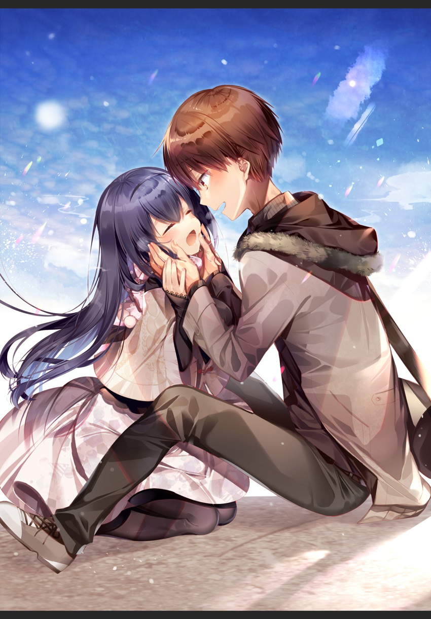 1boy 1girl 2021 :d alternate_costume black_hair black_pants black_pantyhose blue_sky blush brown_coat brown_eyes brown_hair capelet casual chi_no coat couple dated_commentary day enpera facing_another frilled_sleeves frills from_side full_body fur-trimmed_hood fur_trim hair_between_eyes hands_on_another's_cheeks hands_on_another's_face happy hetero highres holding_hands hood hood_down knees_up kushima_kamome long_hair looking_at_another on_ground open_mouth outdoors pants pantyhose pom_pom_(clothes) profile seiza shirt short_hair sitting sky sleeves_past_wrists smile snowing straight_hair summer_pockets takahara_hairi very_long_hair white_capelet white_shirt winter winter_clothes