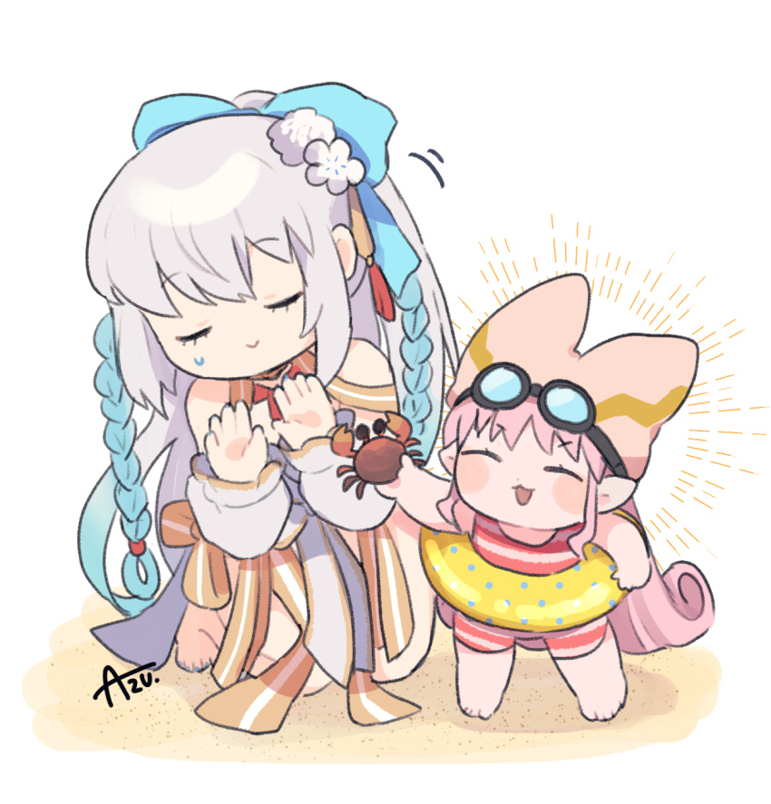 2girls animal aqua_hair arm_at_side azu_(kirara310) bare_shoulders barefoot beach blue_bow blue_nails blush_stickers bow braid chibi closed_eyes crab detached_sleeves fate/grand_order fate_(series) flower goggles goggles_on_head gradient_hair grey_hair habetrot_(fate) hair_bow hair_flower hair_ornament hand_up hands_up happy_aura hat highres holding holding_animal innertube kneeling long_hair long_sleeves morgan_le_fay_(fate) morgan_le_fay_(water_princess)_(fate) multicolored_hair multiple_girls nail_polish one-piece_swimsuit open_mouth pink_hair pink_headwear pointy_ears polka_dot_innertube ponytail red_one-piece_swimsuit red_tassel ribbon sand signature simple_background smile standing striped striped_one-piece_swimsuit striped_ribbon sweat swimsuit tassel tassel_hair_ornament white_background white_flower white_sleeves yellow_innertube yellow_ribbon