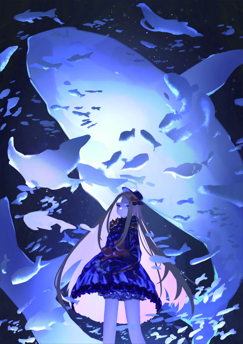 1girl abigail_williams_(fate) absurdres amon555 black_dress black_headwear blonde_hair bloomers blue_eyes blue_theme bow dress expressionless fate/grand_order fate_(series) feet_out_of_frame fish hair_bow highres holding holding_stuffed_toy long_hair looking_at_viewer multiple_hair_bows orange_bow parted_bangs polka_dot polka_dot_bow sleeves_past_fingers sleeves_past_wrists solo stuffed_animal stuffed_toy teddy_bear underwater underwear very_long_hair whale