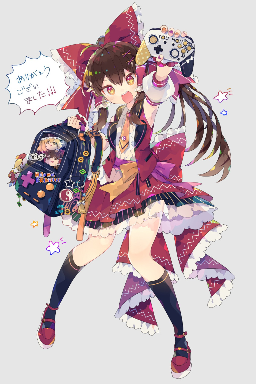 1girl adapted_costume bag blush bow brown_eyes brown_hair collared_shirt controller fingernails frilled_skirt frills full_body game_controller hair_between_eyes hair_bow hair_tubes hakurei_reimu highres holding holding_bag holding_controller holding_game_controller kirisame_marisa long_hair nail_polish necktie nikorashi-ka open_clothes open_mouth open_vest orange_nails purple_nails red_bow red_skirt red_vest second-party_source shirt sidelocks skirt sleeveless sleeveless_shirt solo touhou vest white_shirt yellow_necktie yukkuri_shiteitte_ne
