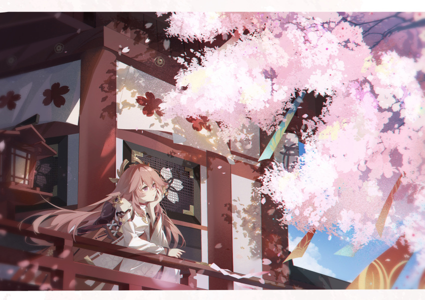 1girl absurdres against_railing animal_ears architecture arm_support building cherry_blossoms chinese_commentary closed_mouth clouds commentary_request detached_sleeves earrings east_asian_architecture floppy_ears fox_ears genshin_impact hair_between_eyes hair_ornament hakama head_rest highres japanese_clothes jewelry lightfish long_hair looking_afar outdoors pink_eyes pink_hair railing red_hakama shirt sky sleeveless sleeveless_shirt solo white_shirt wide_sleeves yae_miko
