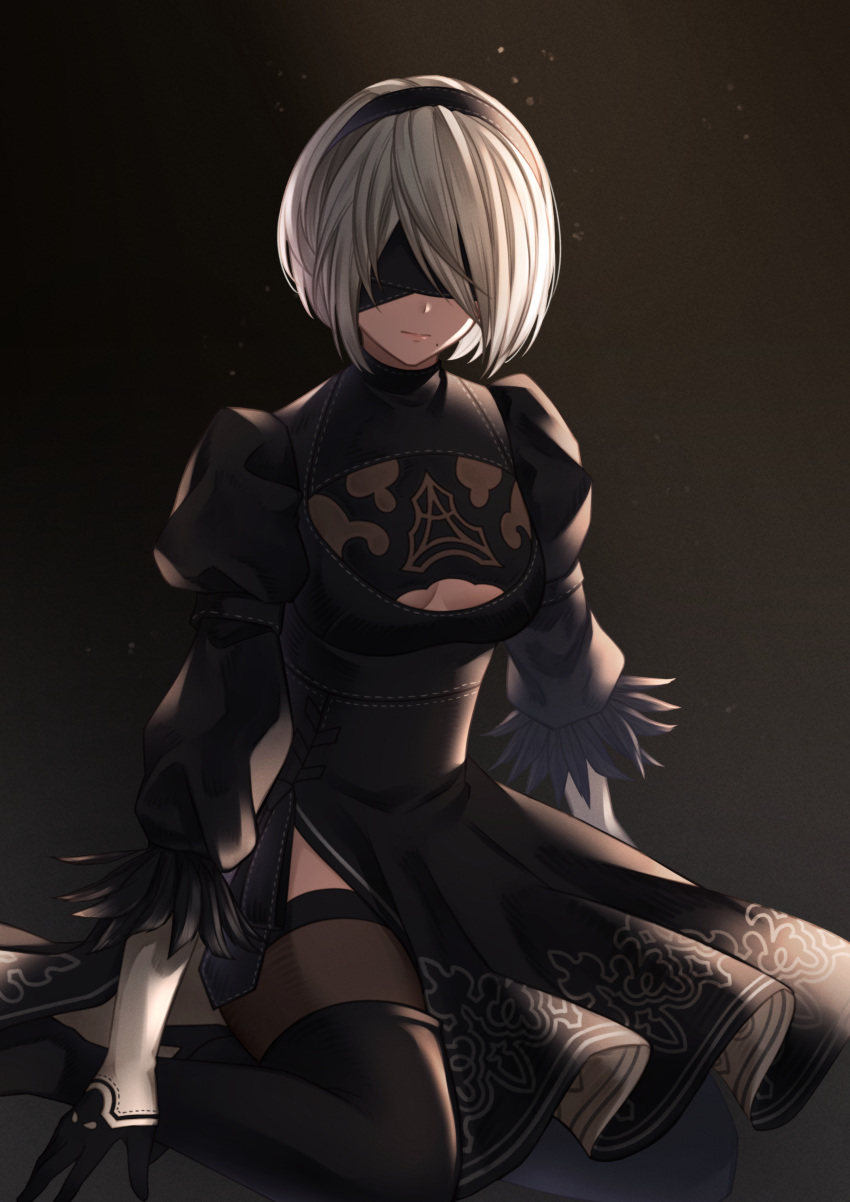 1girl 2b_(nier:automata) absurdres annno_ans black_background black_blindfold black_dress black_footwear black_gloves black_hairband blindfold boots breasts cleavage_cutout closed_mouth clothing_cutout covered_eyes dress facing_viewer feather-trimmed_sleeves feet_out_of_frame gloves hairband highres juliet_sleeves leather leather_boots long_sleeves medium_breasts mole mole_under_mouth nier:automata nier_(series) puffy_sleeves short_hair sidelighting sitting solo thigh-highs thigh_boots thighhighs_under_boots vambraces wariza white_hair