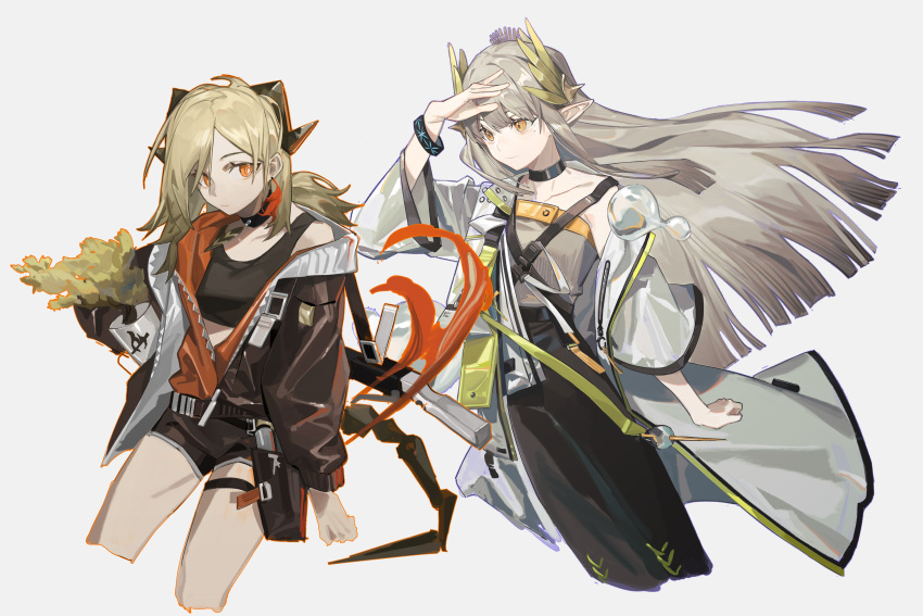 2girls :/ absurdres ariverw arknights black_choker black_jacket black_shorts black_skirt black_sports_bra blonde_hair choker closed_mouth collarbone demon feather_hair_ornament feathers floating_hair grey_hair grey_shirt hair_ornament hand_up highres holding holding_plant ifrit_(arknights) infection_monitor_(arknights) jacket layered_clothes long_hair long_sleeves mole mole_under_eye muelsyse_(arknights) multiple_girls off-shoulder_shirt off_shoulder official_alternate_costume orange_eyes plant pointy_ears potted_plant red_jacket shirt shorts skirt sleeve_cuffs sports_bra very_long_hair water_drop white_jacket