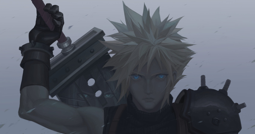 2boys absurdres armor black_gloves blonde_hair blue_eyes buster_sword cloud_strife dododo final_fantasy final_fantasy_vii final_fantasy_vii_remake gloves grey_background grey_hair highres holding holding_sword holding_weapon looking_at_viewer male_focus multiple_boys parted_bangs reflection sephiroth short_hair shoulder_armor single_bare_shoulder sleeveless sleeveless_turtleneck spiky_hair suspenders sword turtleneck upper_body weapon weapon_on_back