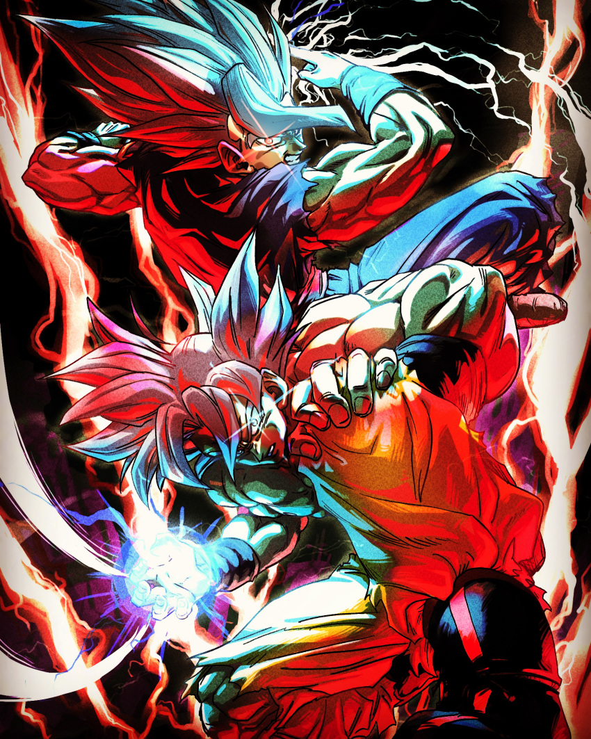 2boys biceps boots clenched_teeth dougi dragon_ball dragon_ball_super electricity energy energy_ball from_below full_body gohan_beast hand_on_own_knee highres incoming_attack looking_at_viewer male_focus multiple_boys muscular muscular_male red_lightning serious son_gohan son_goku spiky_hair squatting stynl_f teeth ultra_instinct white_hair wristband