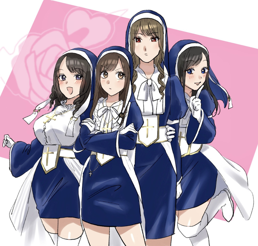 4girls :d arm_at_side assault_lily belt black_hair blue_dress blue_eyes blush boots breasts brown_eyes brown_hair closed_mouth commentary_request cowboy_shot cross cross_necklace crossed_arms dress drill_hair emblem finger_to_own_chin frilled_shirt_collar frills gloves habit hand_on_another's_arm height highres izumi_rosa_rina jewelry knee_boots kosaka_anastasia_ryouko large_breasts latin_cross leg_up long_hair looking_at_viewer makabe_melania_sayoko multiple_girls neck_ribbon necklace nun open_mouth parted_lips pink_background red_eyes ribbon shakeza side-by-side side_drill smile standing standing_on_one_leg swept_bangs thigh-highs thighhighs_under_boots toride_suzanne_reika twin_drills two-tone_background v-shaped_eyebrows veil violet_eyes waist_cape white_background white_belt white_gloves white_ribbon white_thighhighs