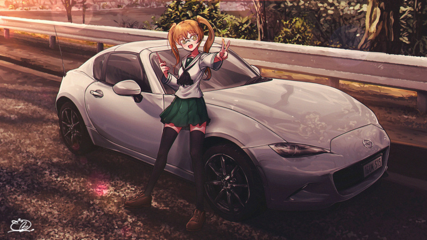 1girl :d absurdres car cellphone flip_phone girls_und_panzer guard_rail highres holding holding_phone license_plate mizzterbii motor_vehicle oono_aya open_mouth outdoors phone road signature smile solo sports_car sunset v vehicle_focus