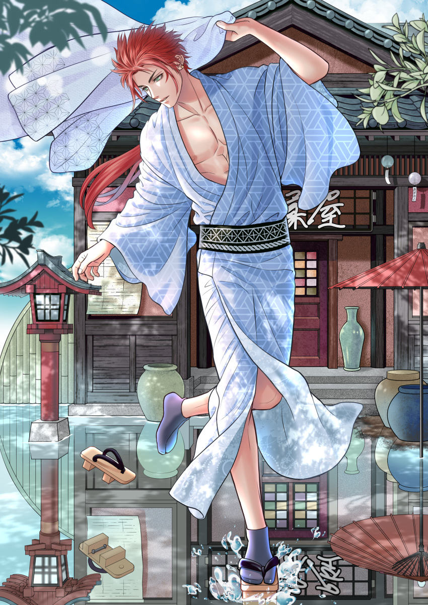 1boy absurdres alternate_costume amaoto_888 architecture blue_kimono collarbone earrings east_asian_architecture facial_mark final_fantasy final_fantasy_vii final_fantasy_vii_remake full_body geta green_eyes highres holding holding_clothes holding_jacket jacket japanese_architecture japanese_clothes jewelry kimono lantern long_sleeves low_ponytail male_focus oil-paper_umbrella open_clothes open_kimono outdoors parted_bangs pectorals redhead reflection reflective_water reno_(ff7) sandals shoes short_hair_with_long_locks single_shoe solo splashing umbrella vase water_drop wide_sleeves