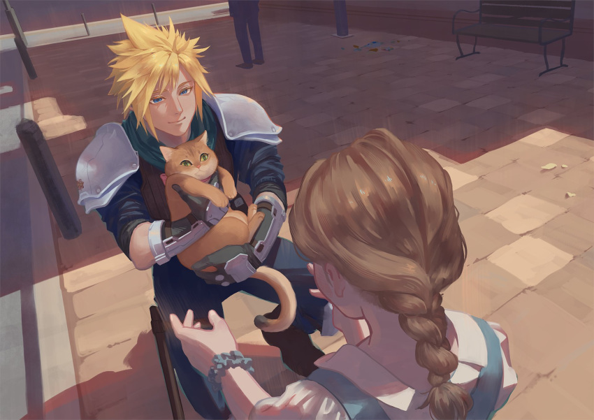1boy 1girl 1other animal armor bench black_gloves black_suit blonde_hair blue_dress blue_eyes blue_pants blue_shirt bow braid brown_fur brown_hair cat closed_mouth cloud_strife crisis_core_final_fantasy_vii dress final_fantasy final_fantasy_vii from_above gloves green_eyes green_scarf highres ho_fan holding holding_animal holding_cat looking_at_another medium_hair pants pink_bow puffy_short_sleeves puffy_sleeves scarf scrunchie shirt short_hair short_sleeves single_braid sleeves_rolled_up smile spiky_hair squatting suit vambraces white_shirt wrist_scrunchie