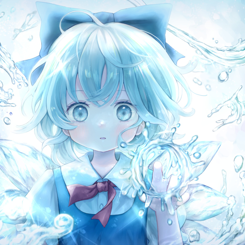 1girl album_cover blue_bow blue_dress blue_eyes blue_hair blush bow buttons cirno collared_shirt cover dress fairy hair_bow highres hydrokinesis ice ice_wings open_mouth pinafore_dress sasami_(shiroi_fuwafuwa) shirt short_hair short_sleeves sleeveless sleeveless_dress solo touhou upper_body water white_shirt wings