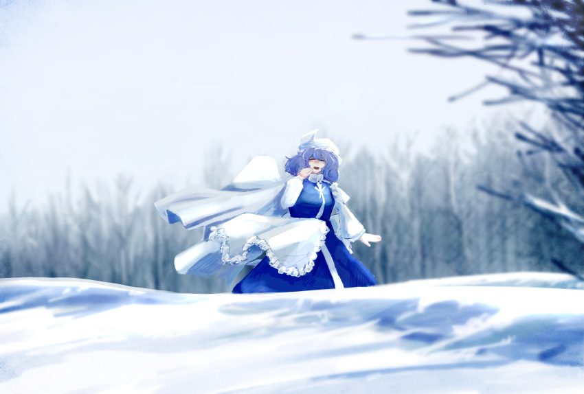 absurdres apron bare_tree blue_skirt blue_vest blurry blurry_background cape closed_eyes forest highres hill koyane_(silver81106) lapel_pin letty_whiterock medium_hair nature one-hour_drawing_challenge skirt sky snow touhou tree vest waist_apron white_apron white_cape white_sky