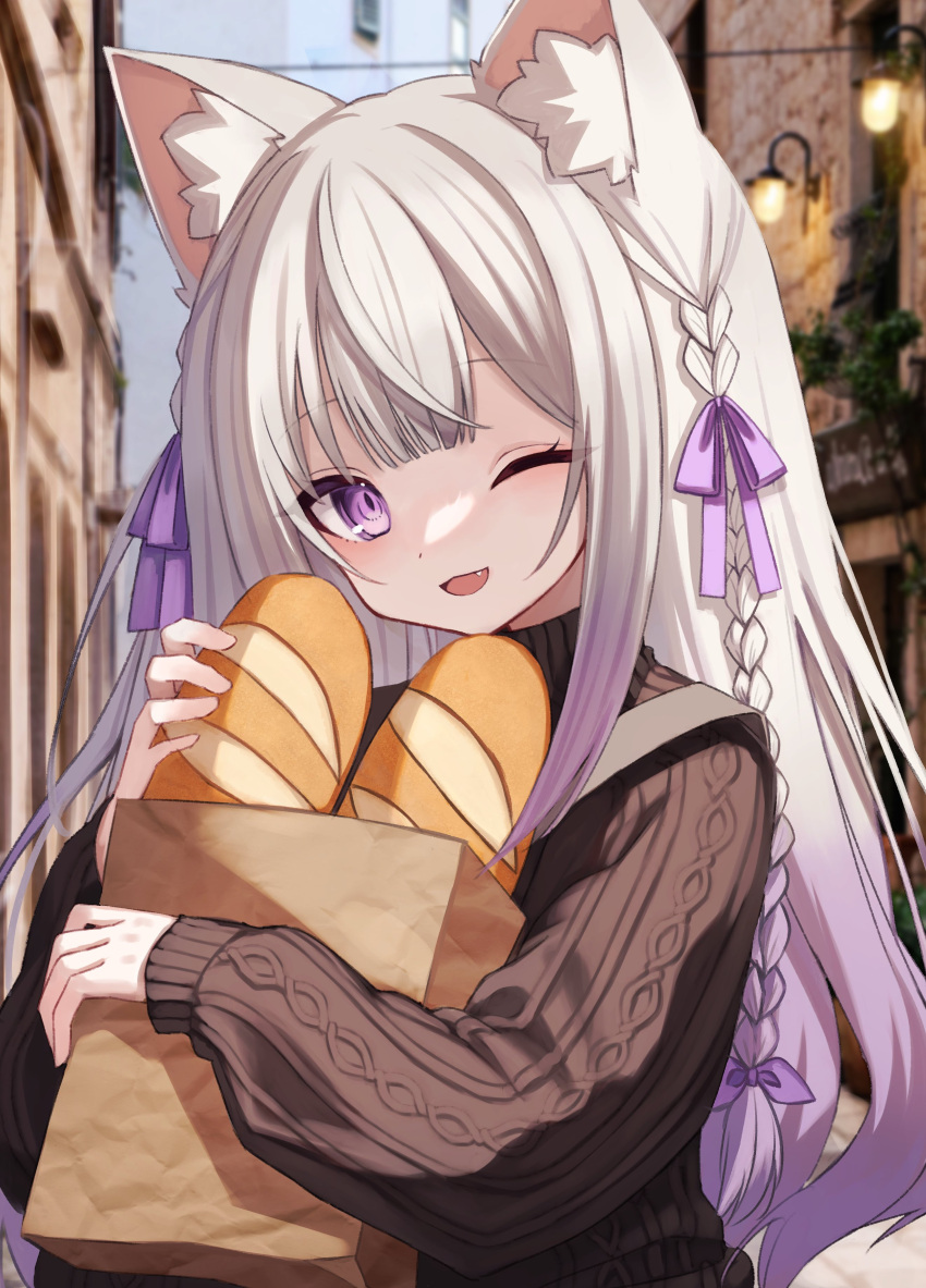 1girl ;d absurdres animal_ear_fluff animal_ears bag baguette braid bread brown_sweater cat_ears cat_girl commission fang food gradient_hair highres indie_virtual_youtuber loaf_of_bread long_hair long_sleeves looking_at_viewer multicolored_hair nekome_shia one_eye_closed open_mouth paper_bag purple_hair skeb_commission smile squallea sweater twin_braids virtual_youtuber white_hair
