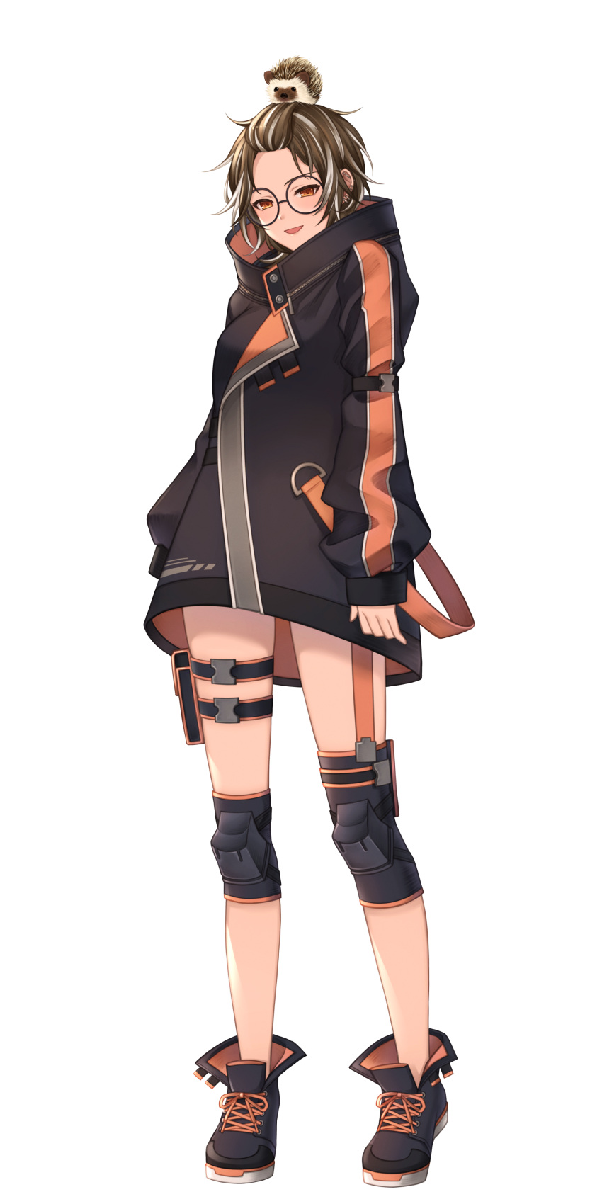 1girl :d absurdres animal_on_head annno_ans arms_at_sides bangs_pinned_back black-framed_eyewear black_coat black_footwear brown_hair coat forehead full_body garter_straps glasses hedgehog highres knee_pads legs_apart long_sleeves looking_at_viewer official_art on_head orange_eyes round_eyewear shoes short_hair smile sneakers solo standing tachi-e thigh_pouch thigh_strap tobari_tatsumu toki_production transparent_background virtual_youtuber