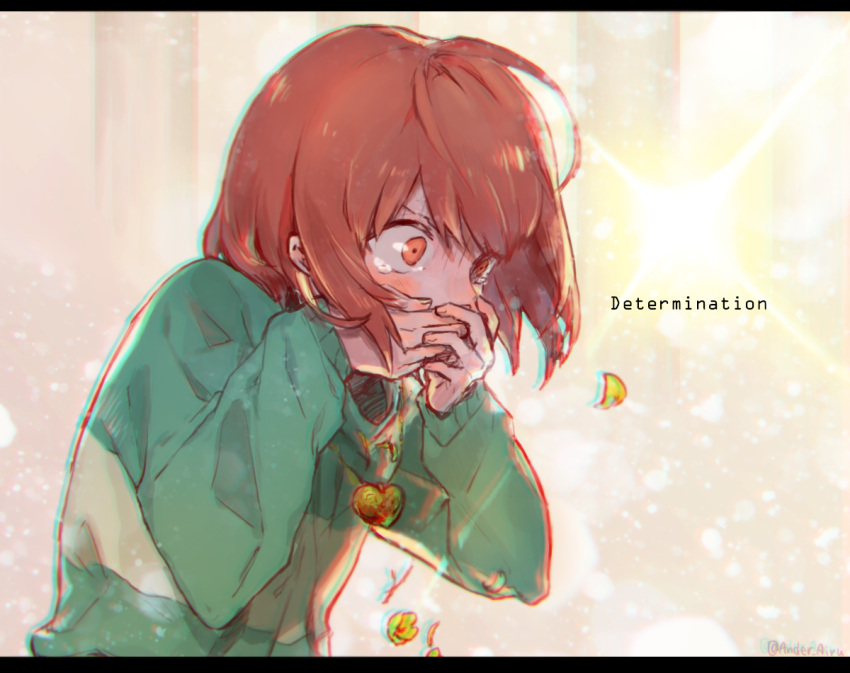 1other ahoge androgynous artist_name blush bob_cut brown_eyes brown_hair buttercup_(flower) chara_(undertale) check_spoilers chromatic_aberration close-up commentary constricted_pupils covering_mouth dropping eating eating_flower english_text falling_petals floating_hair flower from_side gloom_(expression) gold_necklace green_sweater heart heart_necklace heart_pendant jewelry leaning_forward light_particles locket long_sleeves looking_ahead necklace own_hands_together pain pendant petals pillar shaded_face short_hair signature solo sparkle spoilers suicide sweater tearing_up tears tou_ilie twitter_username two-tone_sweater undertale upper_body v-shaped_eyebrows white_background wide-eyed yellow_background yellow_flower