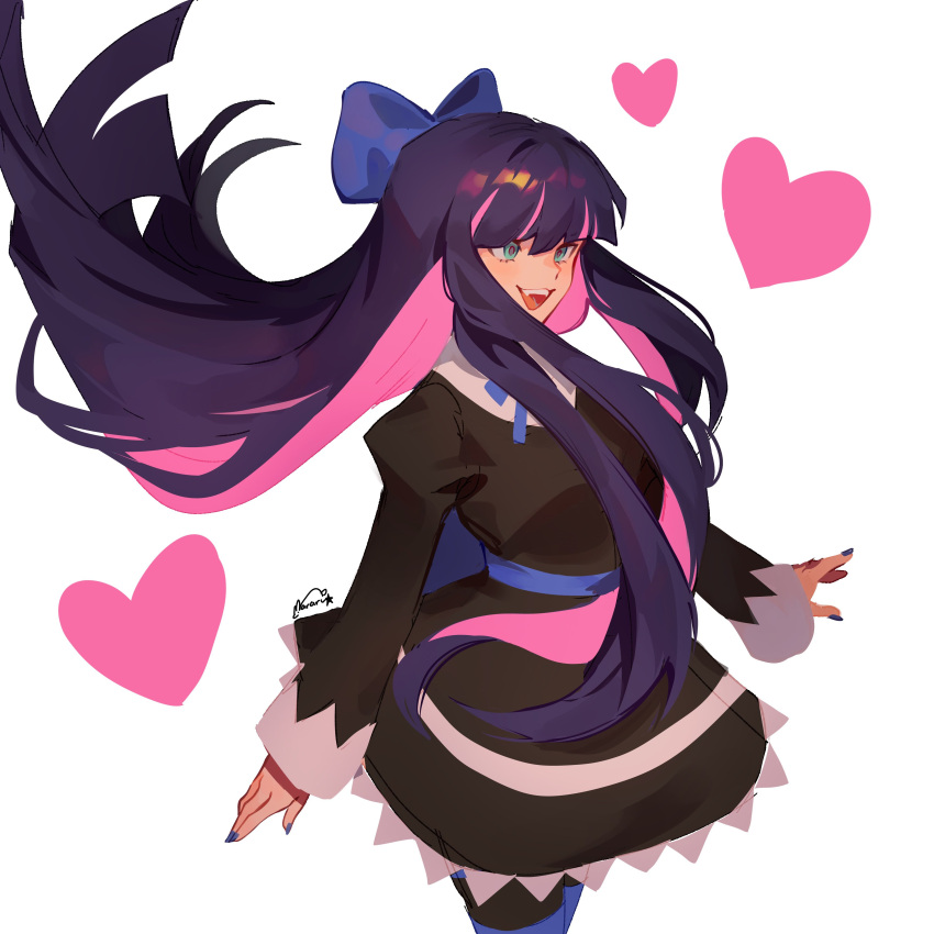 1girl absurdres black_dress blue_nails blunt_bangs bow colored_inner_hair commentary dress floating_hair green_eyes hair_bow heart highres long_hair long_sleeves mararu multicolored_hair open_mouth panty_&amp;_stocking_with_garterbelt pink_hair pink_heart purple_hair signature smile socks solo stocking_(psg) striped striped_socks teeth two-tone_hair upper_teeth_only white_background