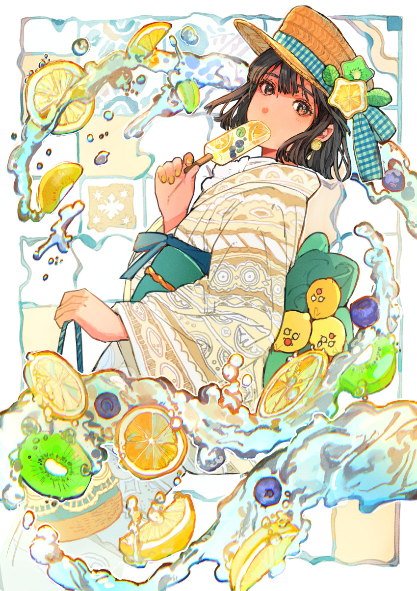 1girl absurdres black_hair boater_hat brown_eyes brown_headwear brown_kimono commentary_request food from_side fruit hair_between_eyes hand_up highres holding holding_food ice_cream japanese_clothes kimono lemon lemon_slice long_sleeves looking_at_viewer looking_to_the_side nail_polish obi original qooo003 sash solo water wide_sleeves yellow_nails