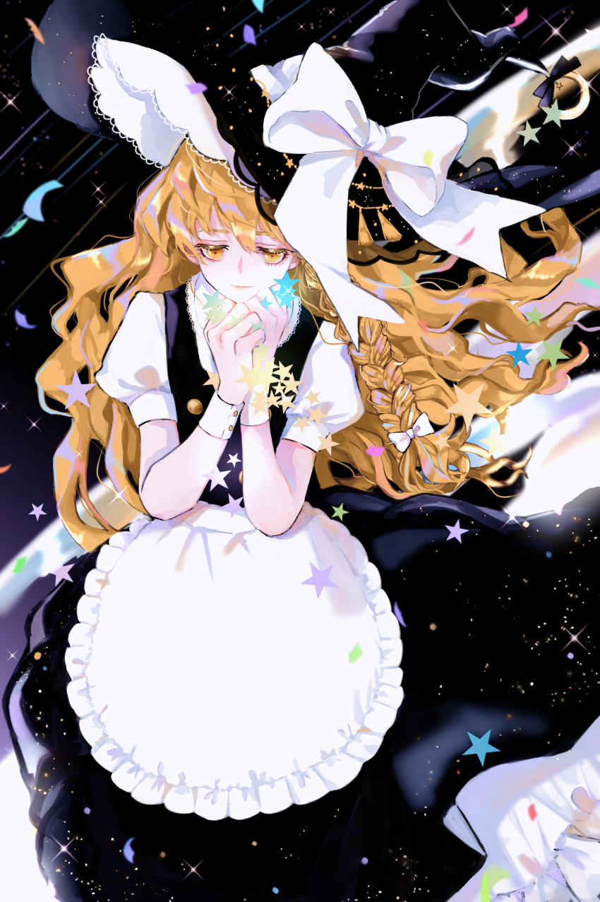 1girl apron black_headwear black_skirt black_vest blonde_hair bow braid buttons dress hair_bow hair_tubes hat hat_bow hat_ornament highres kirisame_marisa long_hair puffy_short_sleeves puffy_sleeves ribbon ringocha shirt short_sleeves side_braid single_braid skirt solo star_(sky) star_(symbol) star_hat_ornament starry_background touhou vest waist_apron white_apron white_bow white_shirt witch witch_hat yellow_eyes