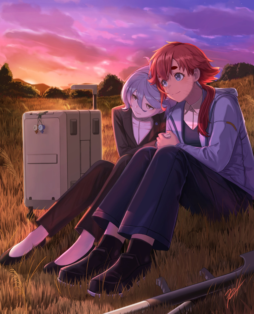 2girls absurdres ahoge blue_eyes clouds cloudy_sky cool_(gundam_suisei_no_majo) crutch grass grey_eyes gundam gundam_suisei_no_majo highres holding_hands hots_(gundam_suisei_no_majo) jacket jewelry keychain long_hair miorine_rembran multiple_girls official_alternate_hair_length official_alternate_hairstyle outdoors pants ponytail ramen_hotpot redhead ring shoes short_hair sitting sky smile star_(sky) suit suletta_mercury sunset thick_eyebrows tree wedding_ring white_hair wife_and_wife yuri