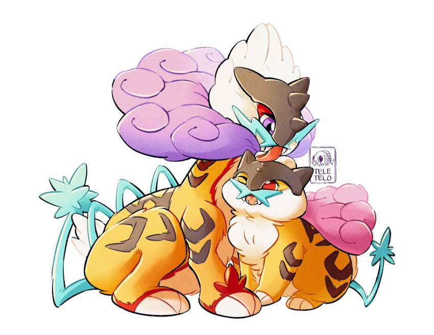 ;d artist_name fangs highres licking_another's_head looking_at_another no_humans one_eye_closed open_mouth pokemon pokemon_(creature) raikou red_eyes simple_background smile standing teletelo violet_eyes white_background