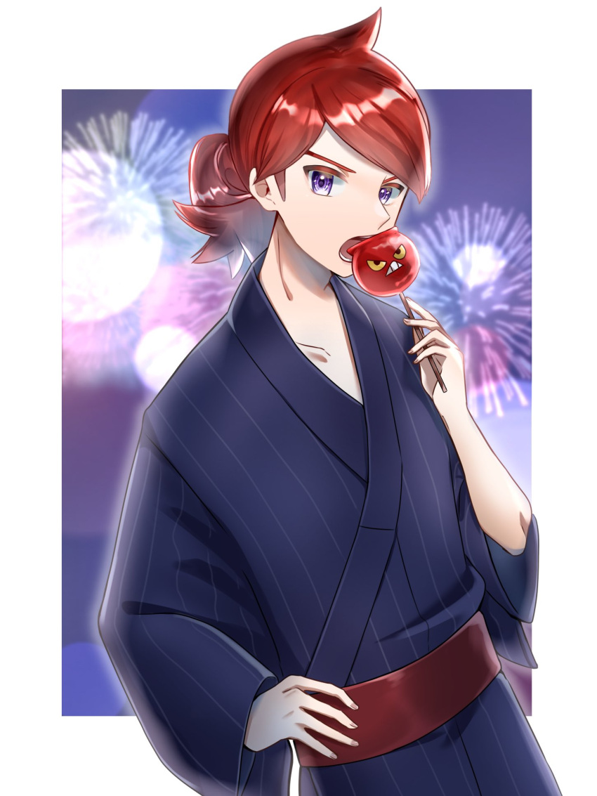 1boy border candy_apple character_print collarbone commentary_request cowlick crobat eating fireworks food hand_on_own_hip hand_up highres japanese_clothes kamicho_musharu kimono long_hair looking_at_viewer male_focus night open_mouth outdoors pokemon pokemon_(game) pokemon_hgss red_sash redhead sash silver_(pokemon) solo teeth tongue violet_eyes white_border yukata