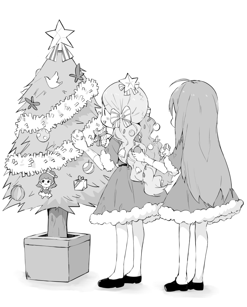 2girls absurdres ahoge blush bow christmas_lights christmas_ornaments christmas_star christmas_tree commentary_request dress elbow_gloves full_body fur-trimmed_skirt fur-trimmed_sleeves fur_trim gloves greyscale hair_bow handa_roco highres idolmaster idolmaster_million_live! long_hair looking_at_another maverick_(muruchin) mochizuki_anna monochrome multiple_girls open_mouth plant potted_plant santa_dress shoes short_sleeves sidelocks skirt smile standing twintails wavy_hair white_background