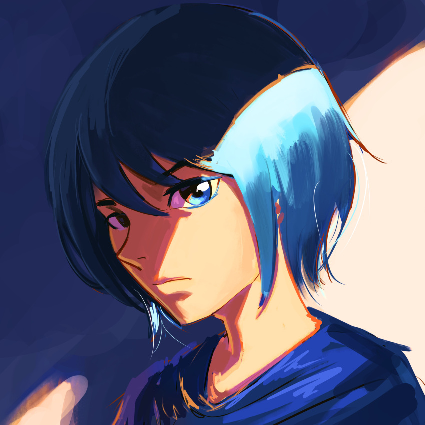 1other absurdres androgynous blue_eyes blue_hair blue_robe commentary expressionless highres original other_focus portrait profile robe ronillust shade short_hair solo