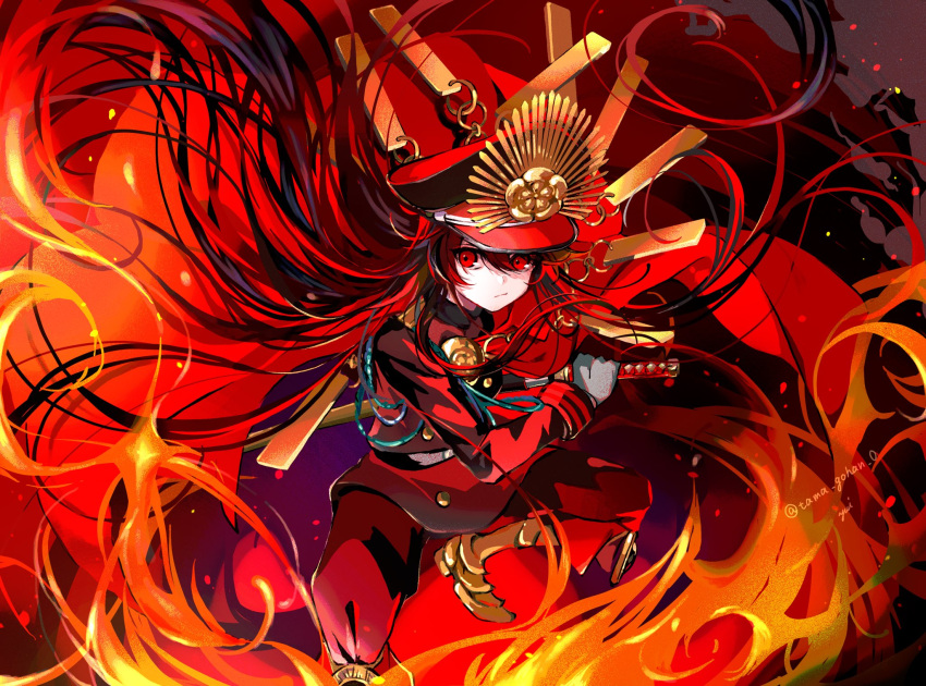 1girl cape family_crest fate/grand_order fate_(series) fire gloves hat hi_(wshw5728) highres holding holding_sword holding_weapon katana long_hair long_sleeves military_hat military_uniform oda_nobunaga_(fate) oda_uri peaked_cap red_cape red_eyes solo sword uniform very_long_hair weapon