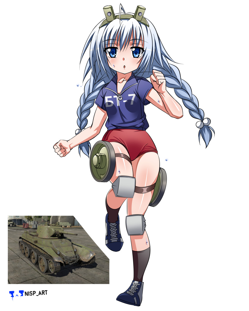 1girl absurdres ahoge blue_eyes blue_shirt braid bt-7 buruma clothes_writing headgear highres knee_pads low_twintails military_vehicle motor_vehicle nisp_art personification red_bloomers running russian_text shirt soviet_army tank thigh_strap twintails war_thunder watermark wheel white_hair