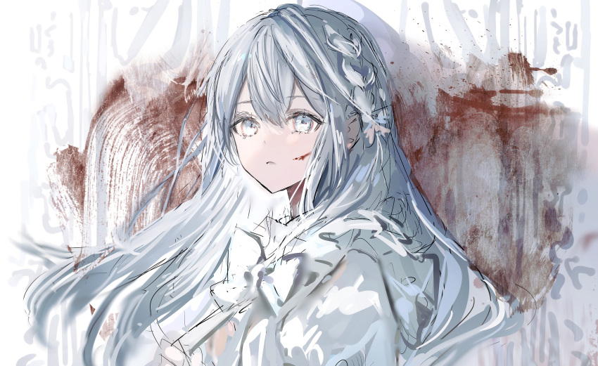 1girl absurdres bad_id bad_twitter_id blood blood_on_face bow braid closed_mouth dress dress_bow expressionless from_side gawako gradient_hair grey_eyes grey_hair hair_between_eyes hair_over_shoulder highres long_hair looking_at_viewer multicolored_hair original sidelocks sketch solo swept_bangs upper_body white_bow white_dress white_hair