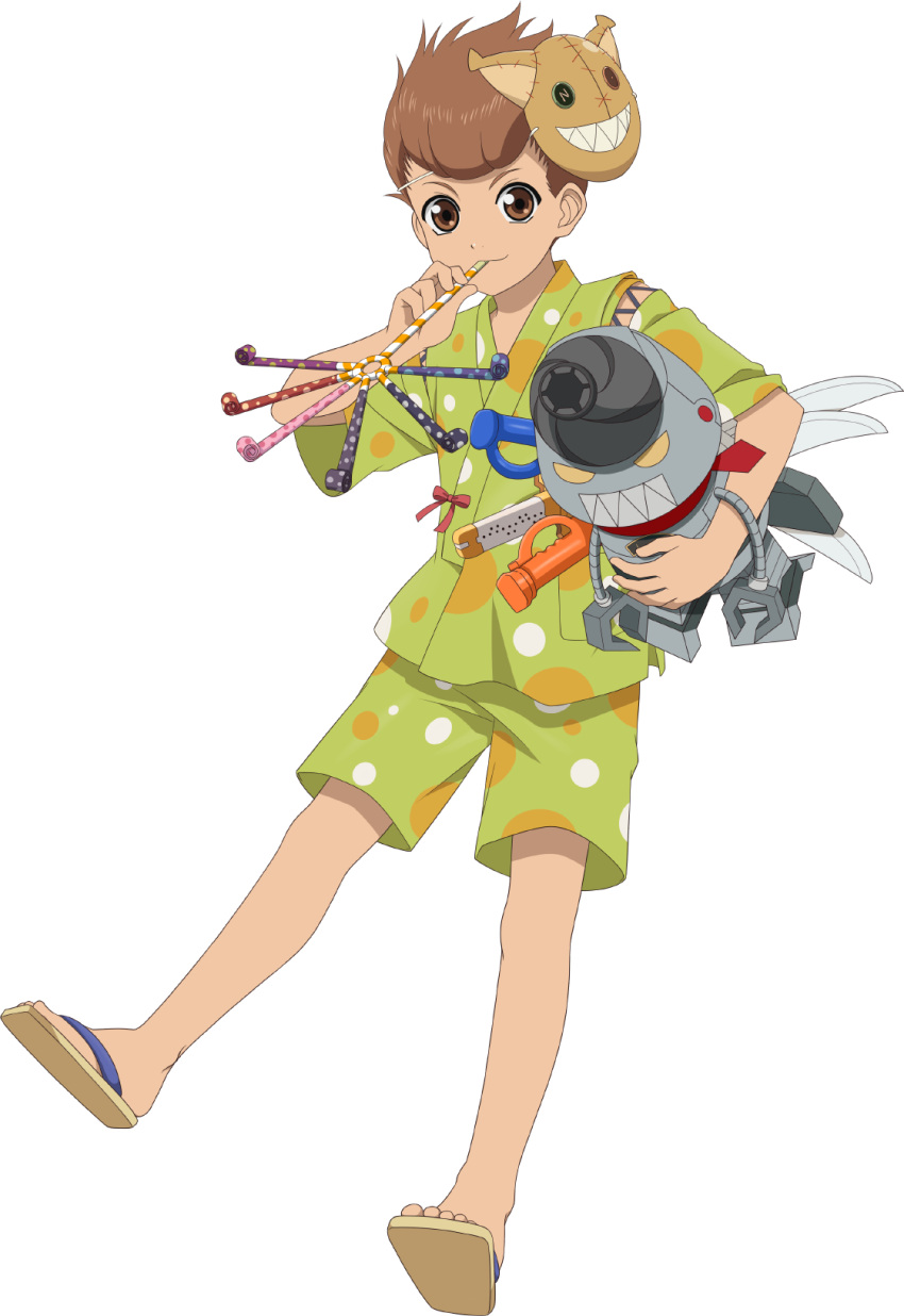 1boy brown_eyes brown_hair child english_commentary feet full_body highres holding holding_toy japanese_clothes karol_capel legs looking_at_viewer male_focus mask official_art robot sandals shorts smile solo tales_of_(series) tales_of_asteria tales_of_vesperia toes toy