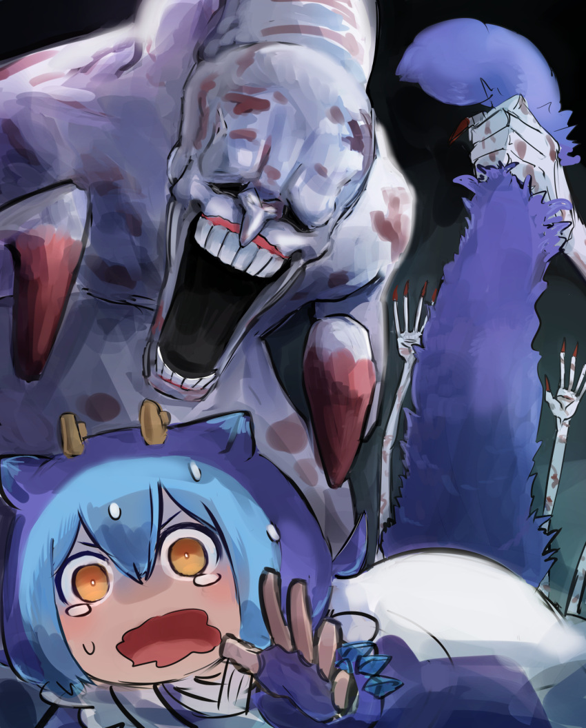 1girl blue_hair crying crying_with_eyes_open dead_hand dragon_tail duel_monster hair_between_eyes hatano_kiyoshi highres holding_another's_tail laundry_dragonmaid monster open_mouth reaching reaching_towards_viewer sweatdrop tail tears the_legend_of_zelda the_legend_of_zelda:_majora's_mask wide-eyed yu-gi-oh!