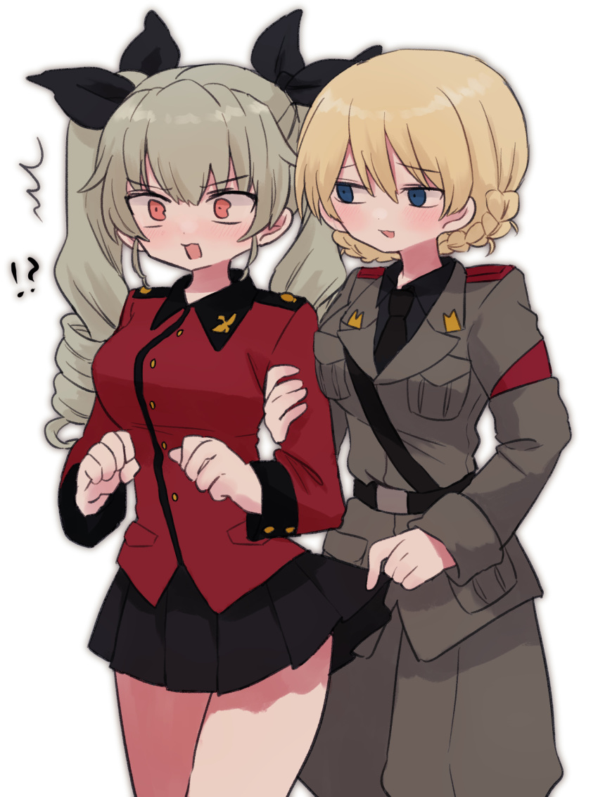 !? ^^^ anchovy_(girls_und_panzer) anzio_military_uniform arm_grab belt black_belt black_necktie black_ribbon black_shirt black_skirt blonde_hair blue_eyes blush braid clothes_lift commentary constricted_pupils cosplay costume_switch darjeeling_(girls_und_panzer) dress_shirt drill_hair female_pervert frown girls_und_panzer green_hair grey_jacket grey_pants hair_ribbon half-closed_eyes highres jacket lifted_by_another long_hair long_sleeves looking_at_another military_uniform miniskirt necktie open_mouth pants pervert pleated_skirt red_eyes red_jacket ri_(qrcode) ribbon sam_browne_belt shirt short_hair simple_background skirt skirt_lift smirk st._gloriana's_military_uniform standing surprised twin_braids twin_drills twintails uniform white_background wing_collar